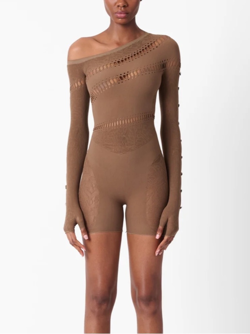 POSTER GIRL IVY JUMPSUIT KAHLUA BROWN One-Shoulder romper Knit Bodysuit OS